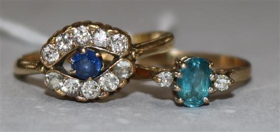 A sapphire and diamond oval cluster ring, 18ct gold setting and a 9ct gold gem-set ring
